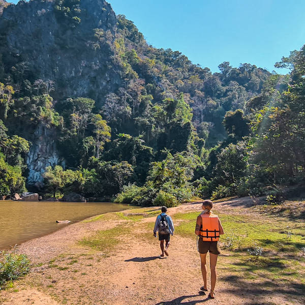 Approaching Konglor cave on the Thakhek Loop