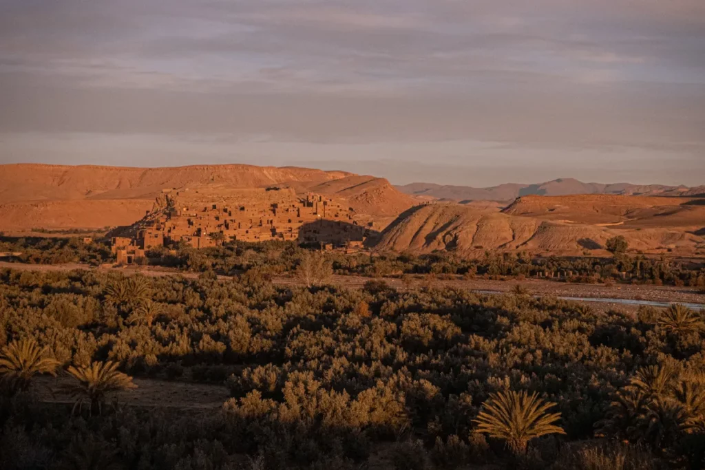 The sun rising over Ait Benhaddou from our van spot