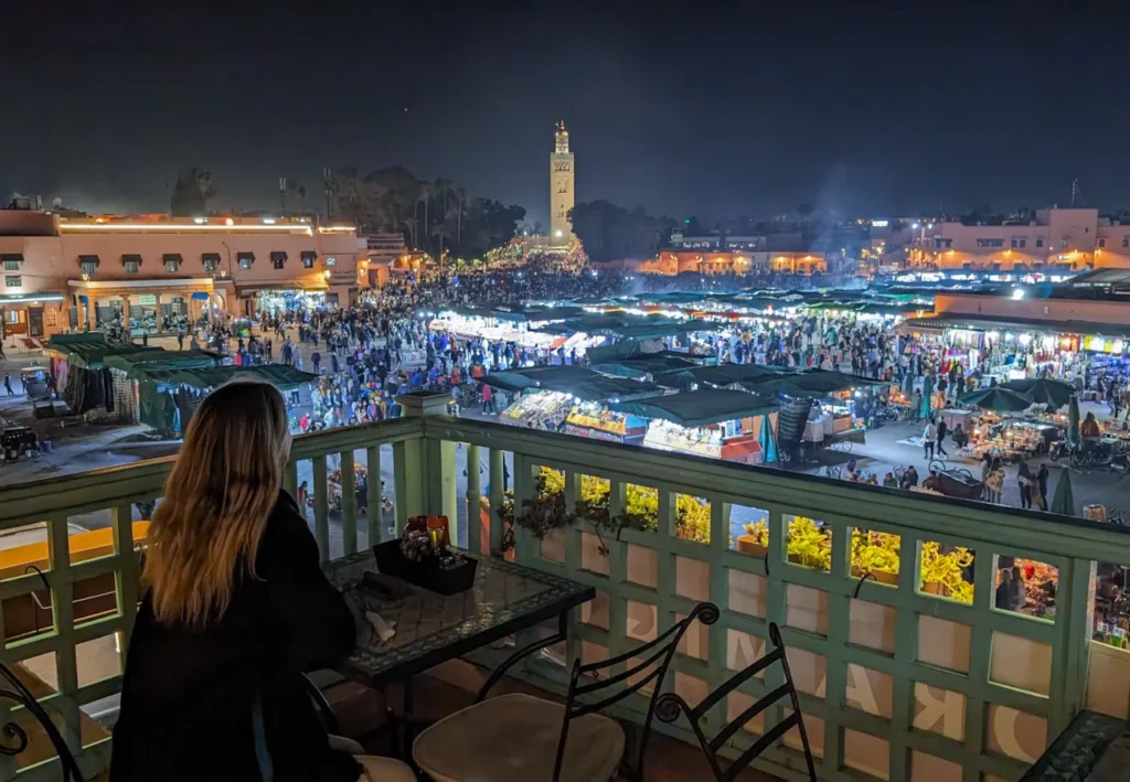 A view of Jemaa el-Fnaa from above at night