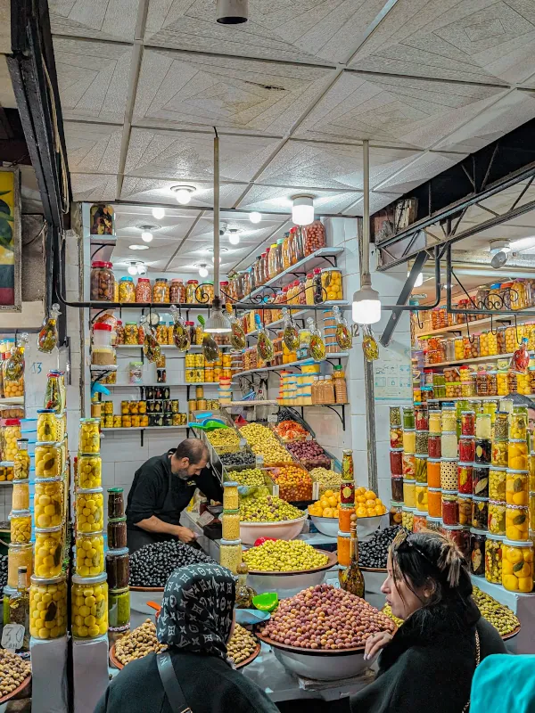 A stall selling pickled vegetables and olives in the medina