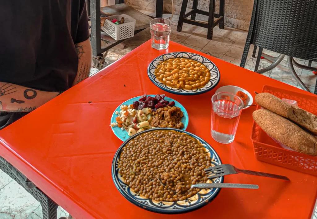 A local meal of salad, lentils and beans, costing only 3 euros!
