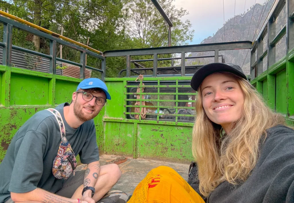 Hitchhiking in the back of a truck up to Malana from Jari